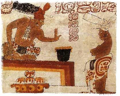 Ilustração do povo maia onde se vê um pote de chocolate