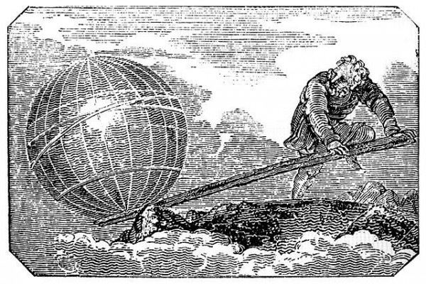 Ilustração de Aristóteles levantando o mundo com uma alavanca