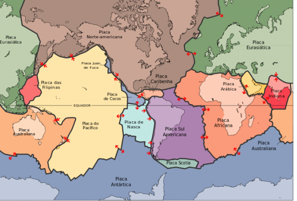A superfície da Terra é formada por várias placas tectônicas. Ao se encontrarem, elas dão origem aos vulcões. Saiba mais sobre o tema no texto “A dança dos continentes”, na CHC 116 (Ilustração: Serviço Geológico dos Estados Unidos)