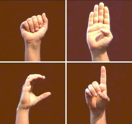 Em sentido horário, começando do canto superior esquerdo, sinais para representar as letras A, B, C e D. Este alfabeto é usado para soletrar nomes de pessoas e lugares, além de palavras que ainda não têm uma representação na Língua Brasileira de Sinais (Fotos: Domínio público)