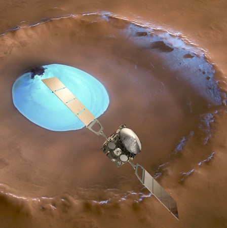 Representação artística do satélite <i>Mars Express</i> sobre uma cratera cheia de gelo em Marte (Imagem: ESA/DLR/FU-Berlin-G.Neukum)