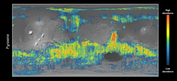 As áreas coloridas do mapa mostram a distribuição de piroxênio em Marte. O elemento é comum em solos próximos a vulcões (Imagem: ESA/CNES/CNRS/IAS/Université Paris-Sud, Orsay)