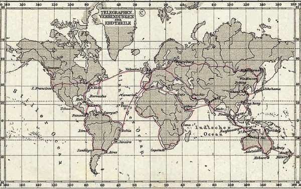 Mapa das principais linhas telegráficas espalhadas pelo mundo no final do século 19 (Imagem: Wikimedia Commons)