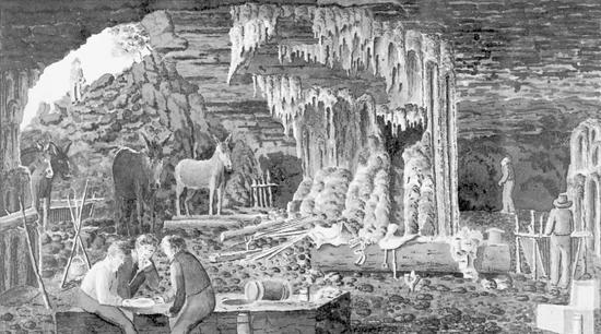 Nesta ilustração de P. A. Brandt, Peter Lund é retratado trabalhando na Lapa do Mosquito, uma gruta próxima à região de Lagoa Santa (Imagem: Wikimedia Commons)
