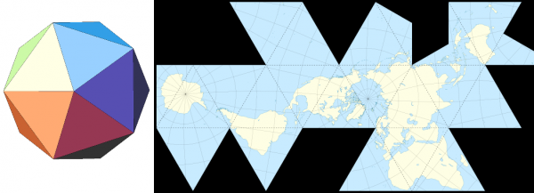 Um mapa muito interessante foi proposto em 1943 por Richard Buckminster Fuller. Ele pensou os continentes como se estivessem não numa esfera, mas sobre um icosaedro, figura composta por 20 lados triangulares (à esquerda). Dependendo de como se "abre" o icosaedro, pode-se representar o mundo de maneiras diferentes. Em uma delas (à direita), fica evidente como todos os continentes estão praticamente conectados uns aos outros, o que permitiu ao ser humano se espalhar por todos eles (Imagem: Wikimedia Commons)