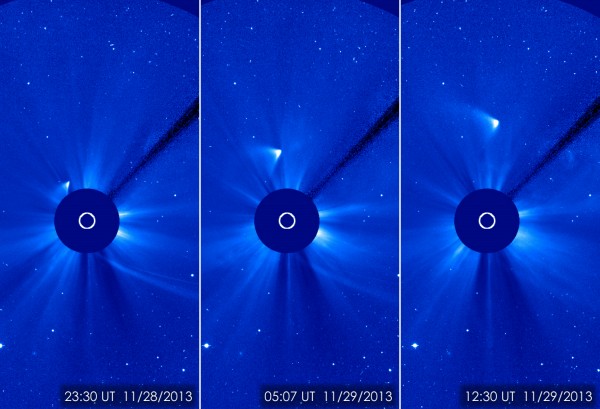 As imagens mostram que, após passar pelo ponto de maior proximidade com o Sol, apenas parte do cometa sobreviveu (Imagens: ESA&NASA/SOHO)