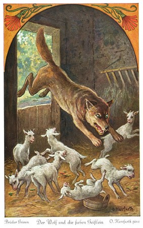 <i>O Lobo e os sete cabritinhos</i> pode ter sido uma das histórias que deu origem à <i>Chapeuzinho Vermelho</i>. (imagem: Wikimedia Commons)