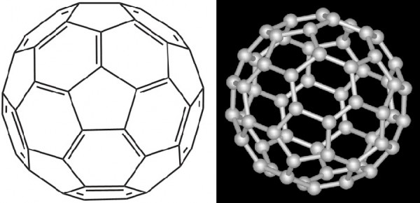 Atualmente, com o desenvolvimento da nanotecnologia, os cientistas já conseguem manipular átomos e pensar em outros arranjos estáveis. Um deles é o fulereno, em que 60 átomos de carbono se distribuem como numa bola de futebol. Incrivelmente, parece que este arranjo ocorre também na natureza – em 2010, o telescópio espacial Spitzer detectou moléculas assim em uma nebulosa planetária. (imagens: Wikimedia Commons)