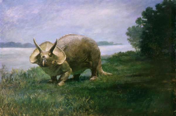 Os Triceratops tinham chifres e adornos na cabeça. Uma fantasia poderosa, e somente os possuidores de chifres vistosos eram os mais bem sucedidos. (ilustração: Charles R. Knight)