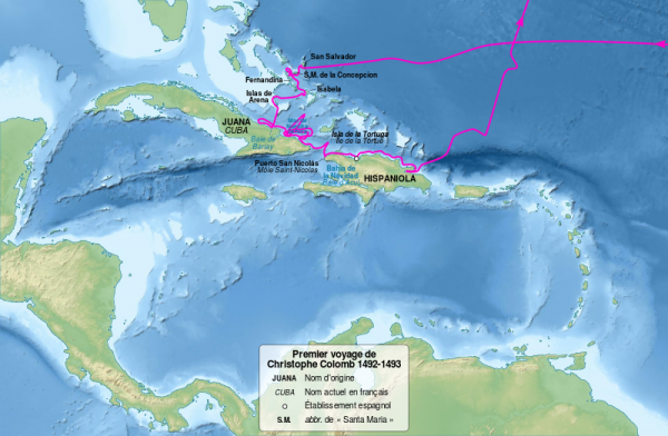Mapa traça o caminho percorrido por Colombo em sua primeira viagem à América. (imagem: ©Sémhur / Wikimedia Commons / <a href= https://creativecommons.org/licenses/by-sa/3.0/br/>CC-BY-SA-3.0</a>)