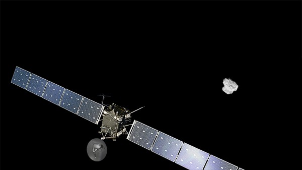 Obra de um artista representando o momento de aproximação da sonda espacial Rosetta do cometa. (European Space Agency / Flickr / <a href= http://creativecommons.org/licenses/by-sa/2.0/br/> CC BY- SA 2.0 </a>)