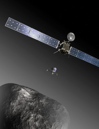 Nessa representação, a sonda está liberando o robô Philae para aterrissagem no cometa. (European Space Agency / Flickr / <a href= http://creativecommons.org/licenses/by-sa/2.0/br/> CC BY-SA 2.0 </a>)