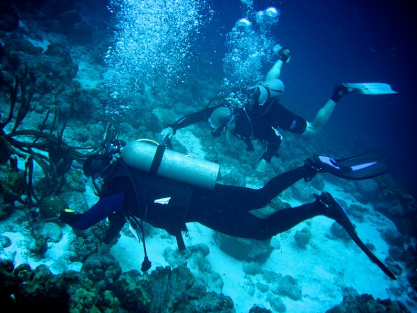 O mergulhador traz o cilindro de mergulho preso às costas. O equipamento é conectado ao colete equilibrador por uma mangueira. (foto: Via Tsuji / Flickr / <a https://creativecommons.org/licenses/by-nc-nd/2.0>CC BY-NC-ND 2.0</a>)