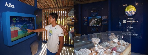 As atrações do Espaço Coral Vivo incluem telas interativas e esqueletos de colônias centenárias de corais. (fotos: Projeto Coral Vivo)