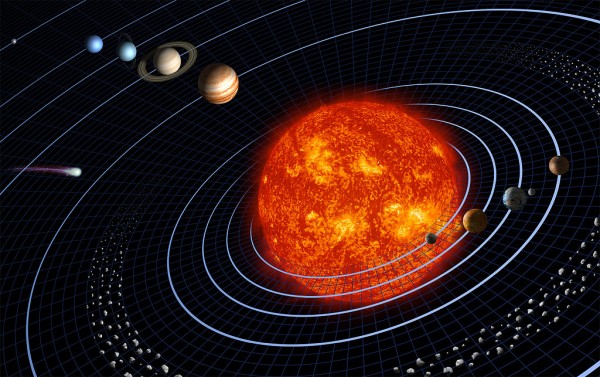 No Sistema Solar, os planetas rochosos (Mercúrio, Vênus, Terra e Marte) estão mais próximos do Sol, enquanto os planetas gasosos (Júpiter, Saturno, Urano e Netuno) estão mais afastados. Outros sistemas planetários já descobertos obedecem à mesma organização. (imagem: Harman Smith e Laura Generosa / Nasa)