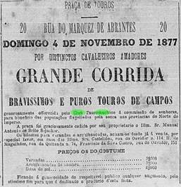 Anúncio de Touradas (foto: <i>Gazeta de Notícias</i>, 4 de novembro de 1877)