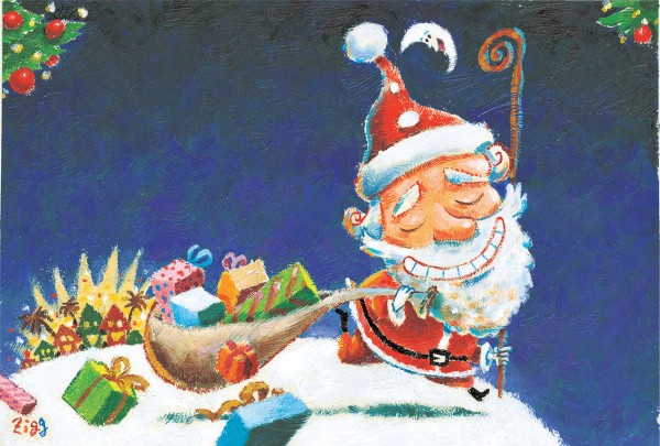 Papai Noel precisa entregar os presentes das crianças do mundo inteiro em uma só noite. Como será que ele consegue? (ilustração: Ivan Zigg)