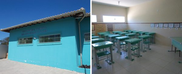 Por fora (à esquerda) e por dentro (à direita), a primeira escola quilombola do Rio de Janeiro – no município de São Pedro da Aldeia. (fotos: Daniela Yabeta)