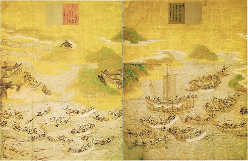 Representação artística da famosa batalha de <i>Dan-no-Ura</i>, que ocorreu no Japão, em 1185. (imagem: Wikimedia Commons)