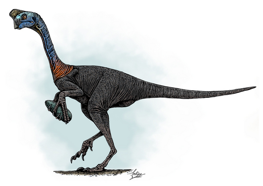 Uma reconstrução artística de um <i>Oviraptor</i> prestes a devorar um ovo, tal como os cientistas o imaginavam no século 20. (ilustração: Felipe Elias)