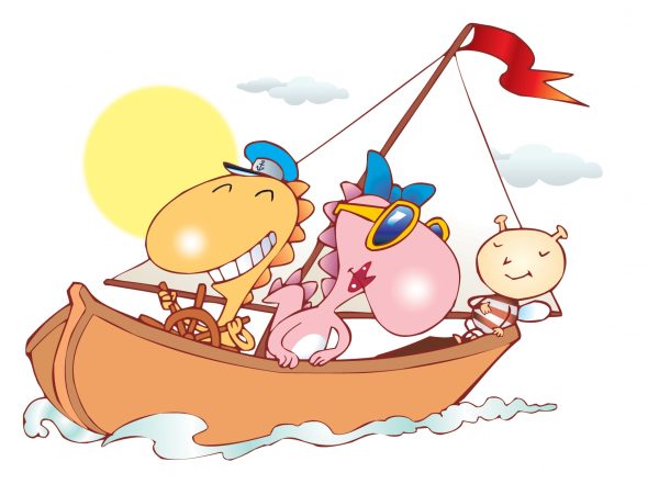 Rex, Diná e Zíper aproveitaram a tarde ensolarada na praia para passear de barco e fizeram muitas descobertas! (ilustração: Maurício Veneza)