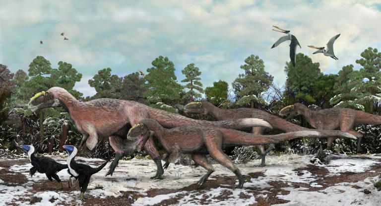 um grupo de Yutyrannus e, no chão à esquerda, dois Beipiaosaurus